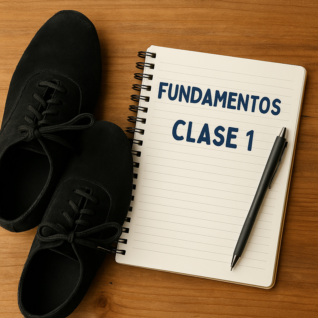 A flat lay photo of a pair of black dance shoes placed beside an open spiral notebook on a wooden surface. The notebook has the words “FUNDAMENTOS” and “CLASE 1” written on the page, with a black pen resting diagonally across it.